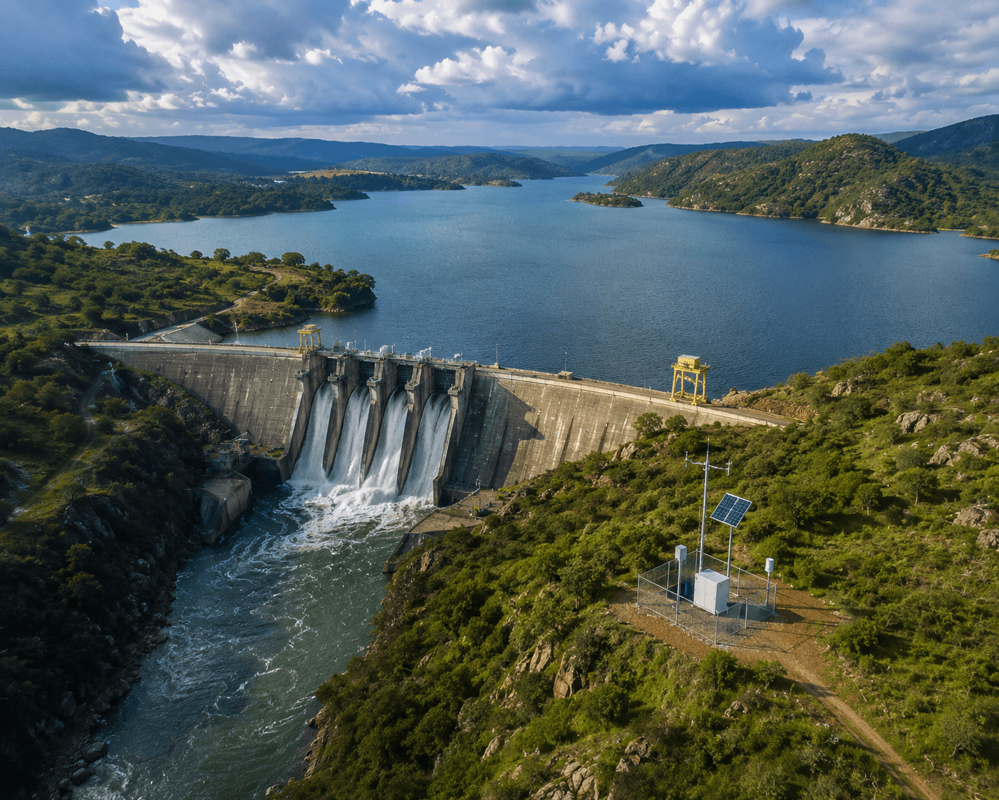 Large dam wall with continuous water level and structural monitoring sensors