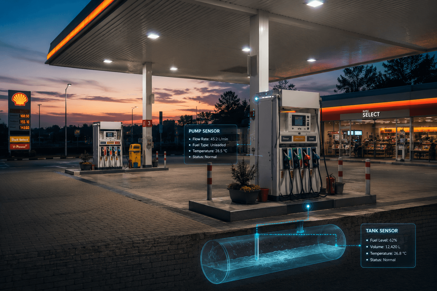 Fuel station forecourt with automated tank monitoring in East Africa