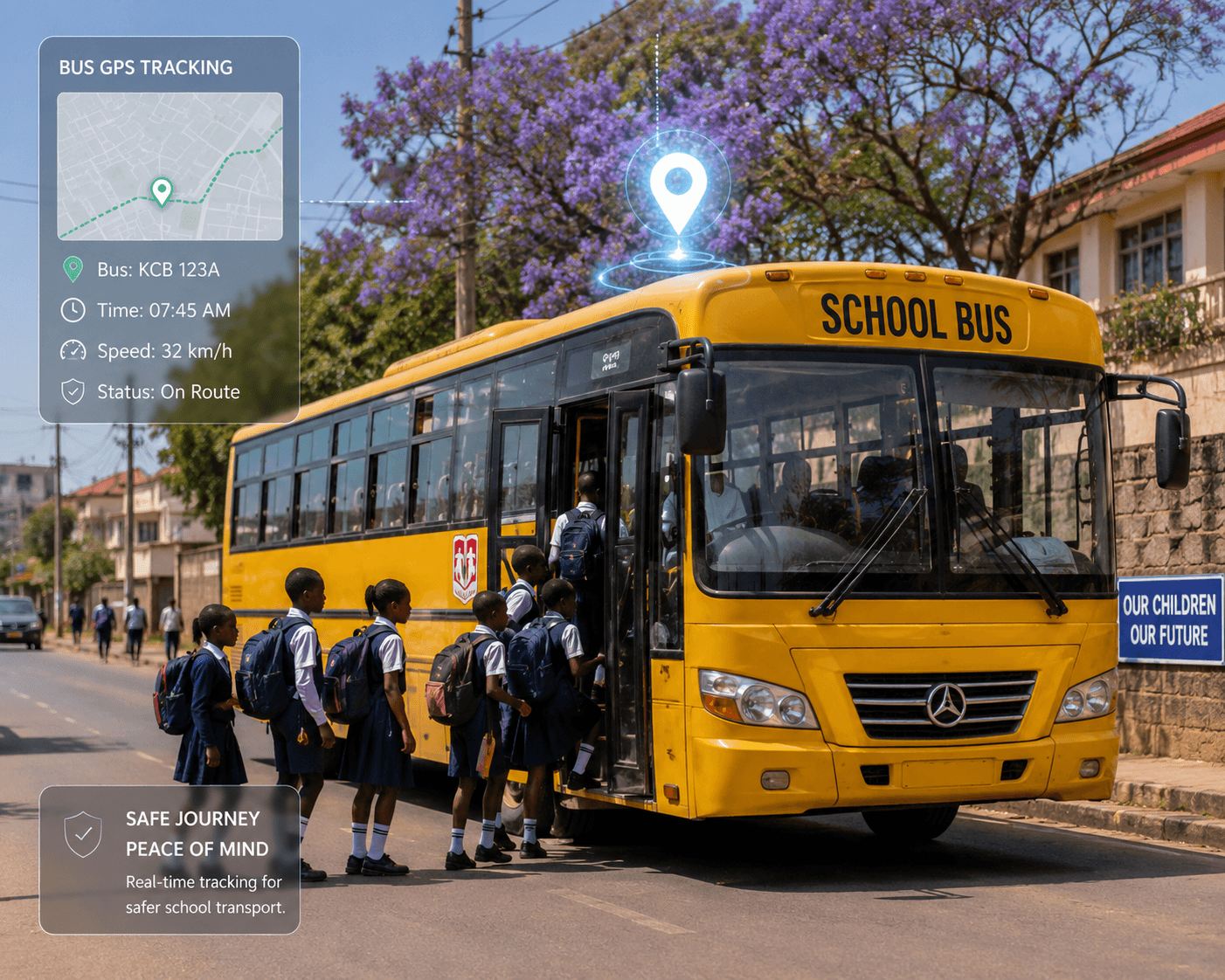 School bus fitted with GPS tracking for student safety in Kenya