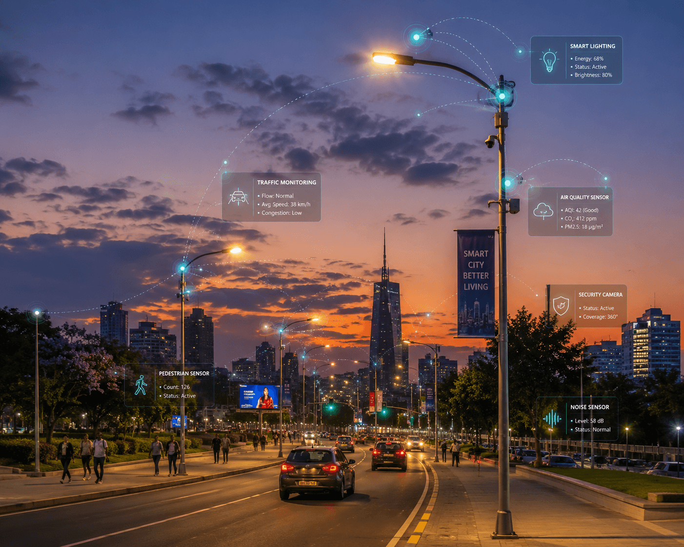 Smart connected streetlights illuminating a city street at night in Africa